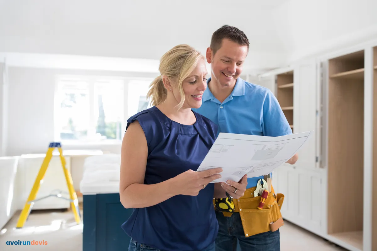 Un artisan et sa cliente discutant en souriant sur un plan de travaux.