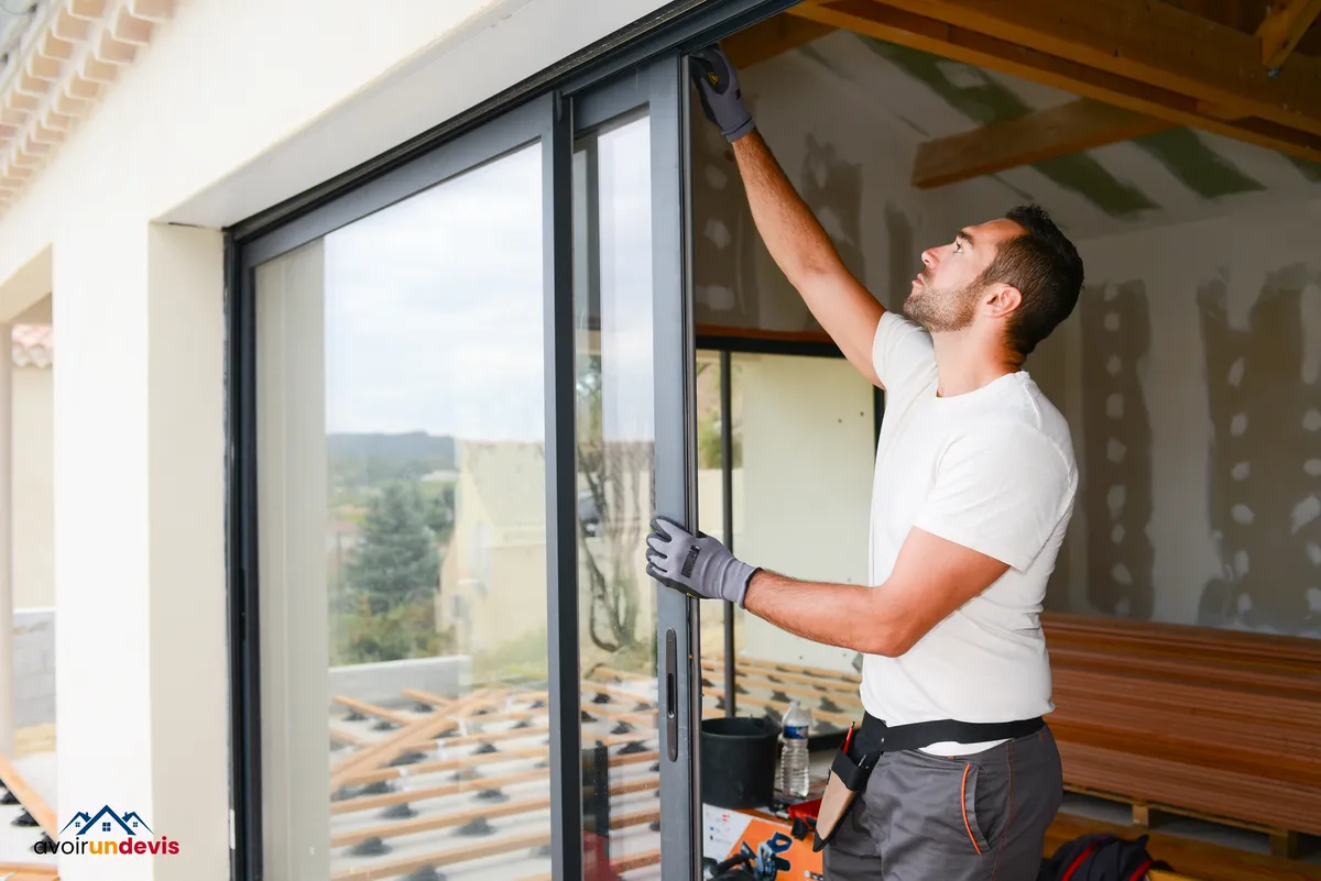 Beau jeune homme installant une baie vitrée dans un nouveau chantier de construction de maison.