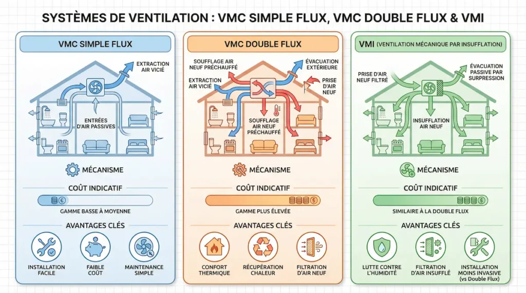 Infographie comparative montrant les systèmes VMC simple flux, VMC double flux et VMI ; elle illustre la circulation de l’air pour chaque solution, les gammes de coûts et les principaux avantages associés.