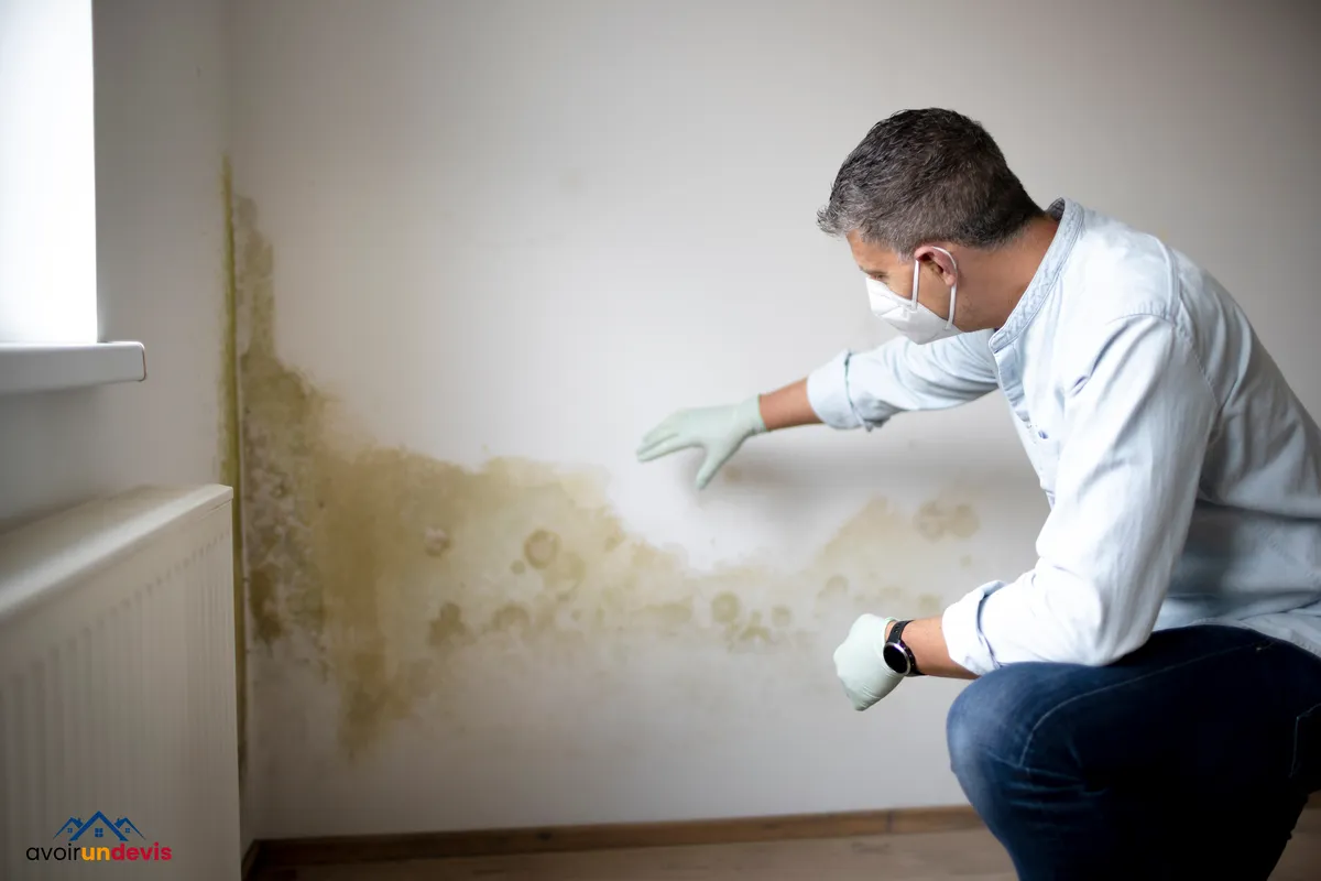 Un professionnel en chemise et jeans, portant un masque et des gants de protection, inspecte attentivement une tache d'humidité sur un mur intérieur près d'un radiateur. Il étend sa main vers la tache, analysant probablement l'étendue des dégâts ou la cause de l'humidité. Cette scène illustre une évaluation typique dans le cadre de la maintenance ou de la réparation de bâtiments.