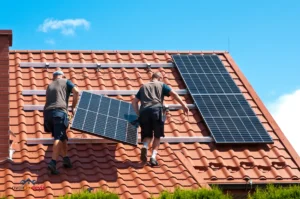 Deux installateurs fixant des panneaux solaires photovoltaïques sur un toit de tuiles rouge sous un ciel bleu clair.