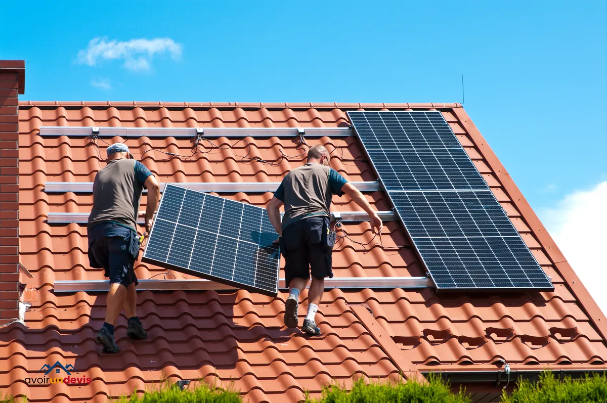 Deux installateurs fixant des panneaux solaires photovoltaïques sur un toit de tuiles rouge sous un ciel bleu clair.