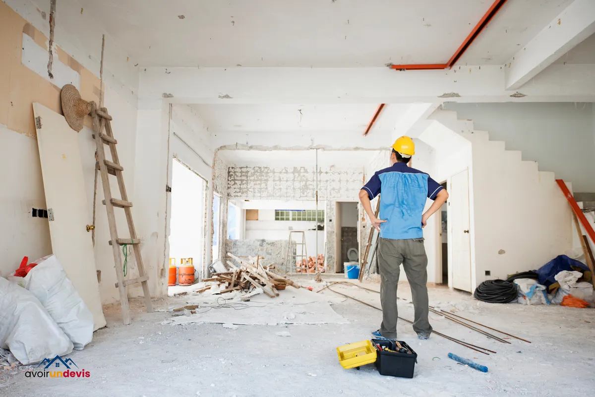 Un ouvrier en tenue de travail et casque de sécurité se tient debout dans une maison en rénovation, observant l'espace intérieur encombré de débris et de matériel de construction.