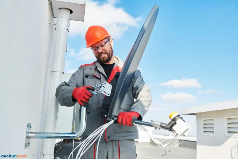 Un technicien posant une antenne satellite de TV