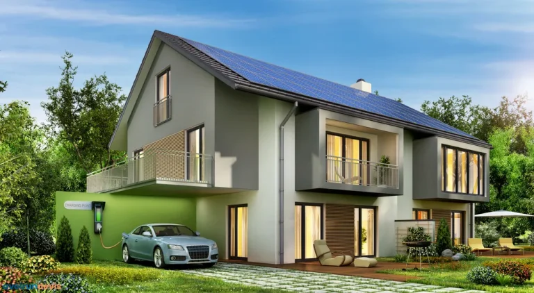 Une maison avec sa borne de recharge pour la voiture électrique