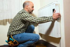 Un électricien installant un radiateur électrique.