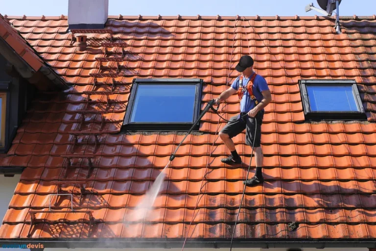Un professionnel nettoyant une toiture avec un nettoyeur haute pression