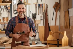 Un artisan ébéniste souriant dans son atelier