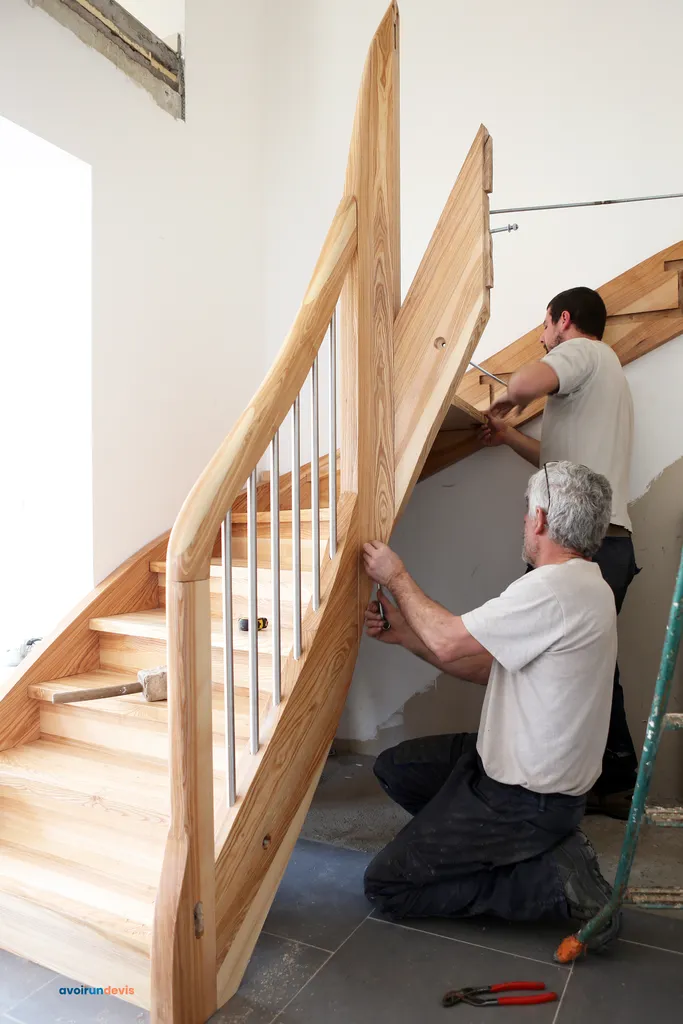 Deux artisans en train de poser un escalier en bois.