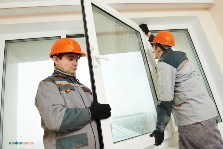 Deux ouvriers installant une fenêtre PVC.