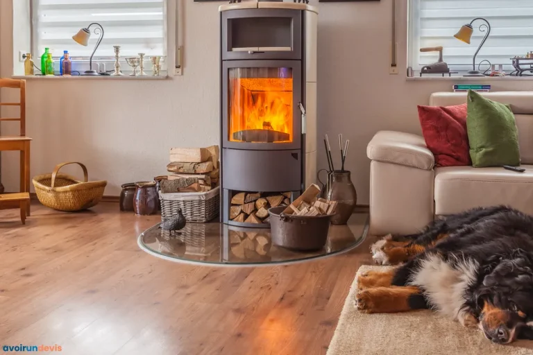 Poêle à bois dans le salon avec un chien endormi devant