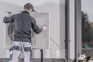 Un technicien installant une pompe à chaleur