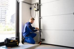 Un ouvrier installant une porte de garage.