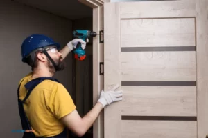 Un ouvrier avec une perceuse et un casque installe une porte dans une maison.