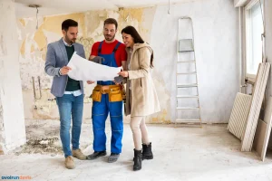 Un artisan montre un plan à un couple dans une maison en cours de rénovation