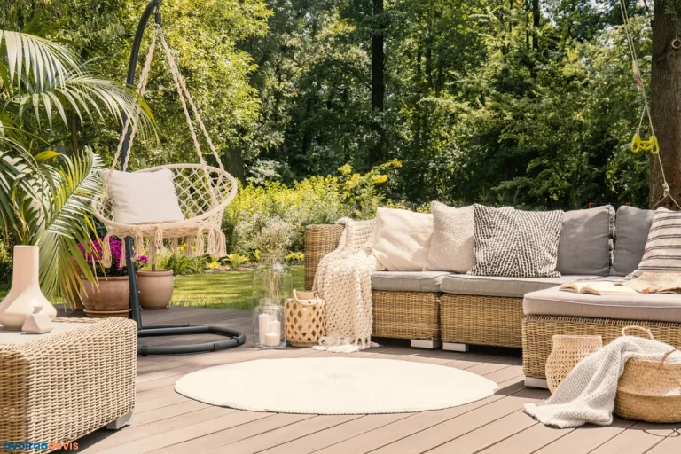 Une grande terrasse en bois avec un canapé de loisirs confortable avec des coussins