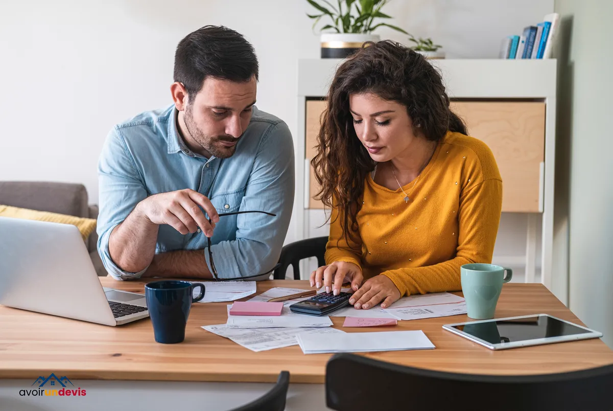 Jeune couple calculant ses devis à la maison.