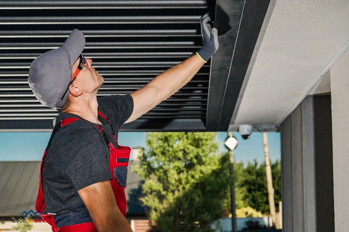 Un artisan en tenue de travail, avec un gilet rouge et un t-shirt noir, ajuste minutieusement des éléments sous une pergola métallique. Portant une casquette et des gants, il semble concentré sur son travail, levant les yeux vers la structure pour s'assurer que chaque pièce est correctement installée. Son environnement extérieur et la clarté du jour complètent cette scène de travail manuel spécialisé.