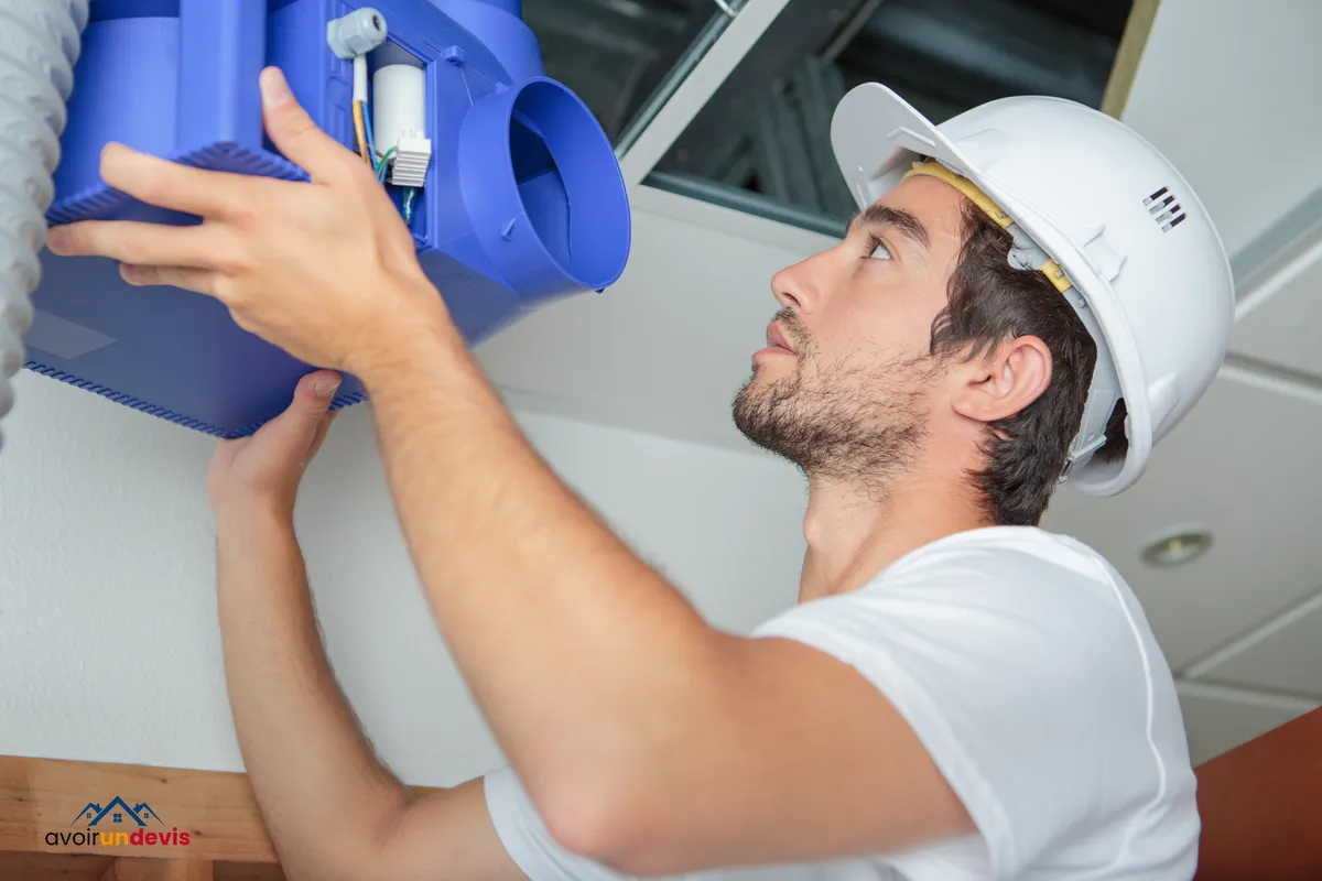 Un artisan est en train d'installer le boitier d'une VMC.