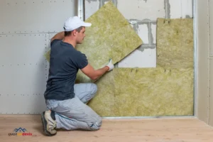 Un ouvrier en train d'isoler un mur avec de la laine de roche.