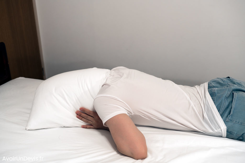 Une personne allongée sur un lit se couvre la tête avec un oreiller