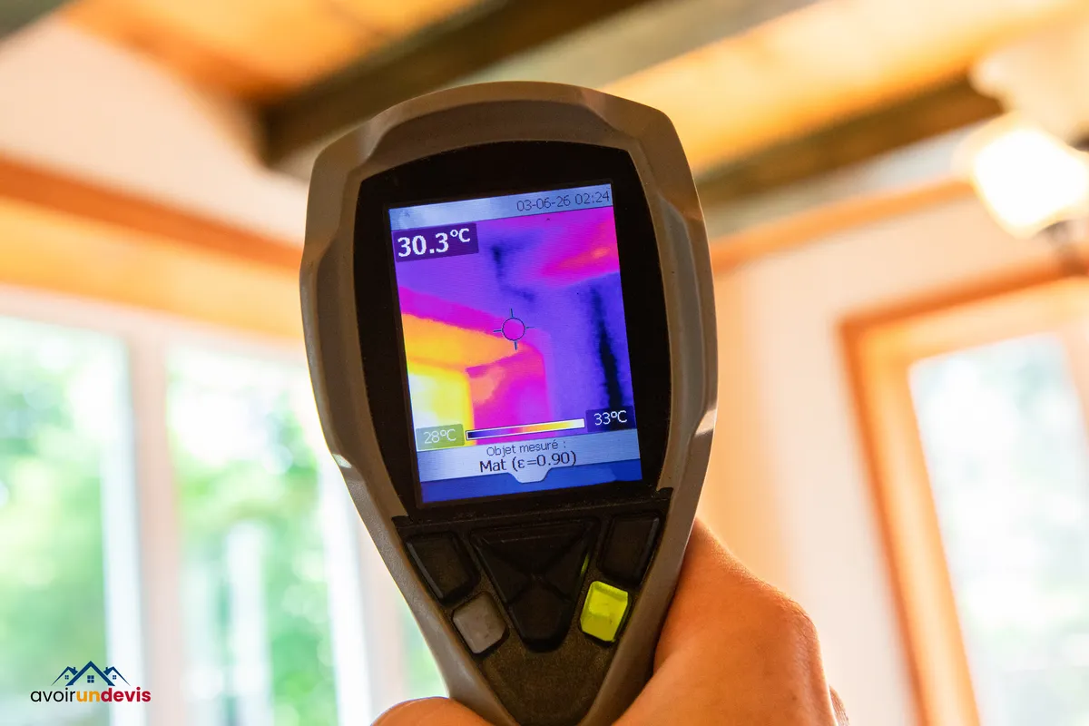Personne tenant une caméra thermique affichant une lecture de température de 30,3°C, dans une pièce lumineuse avec des fenêtres en arrière-plan.