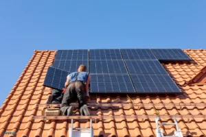 Un technicien sur un toit de maison pose des panneaux solaires.