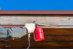 Gros plan sur un professionnel en train de pulvériser un traitement contre les termites.