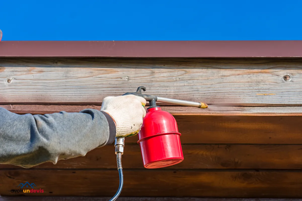 Gros plan sur un professionnel en train de pulvériser un traitement contre les termites.