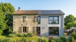 Maison divisée en deux : à gauche, façade ancienne en pierre ; à droite, rénovation moderne en 2026.