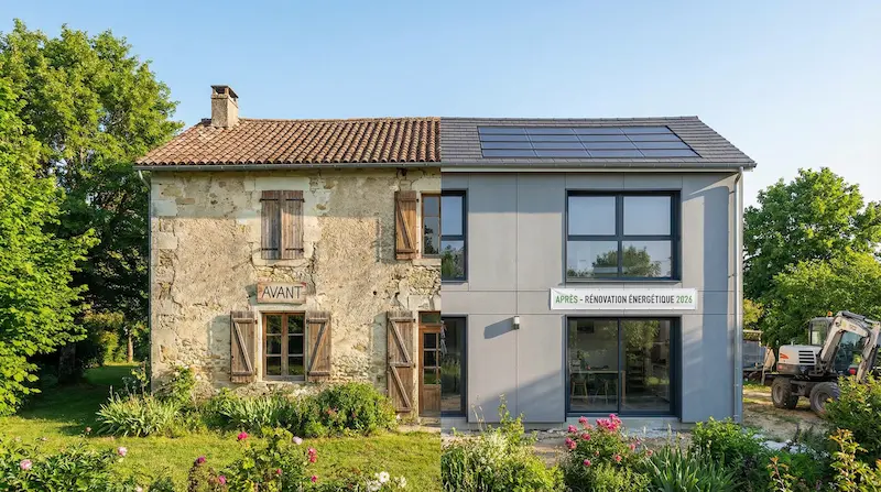 Maison divisée en deux : à gauche, façade ancienne en pierre ; à droite, rénovation moderne en 2026.