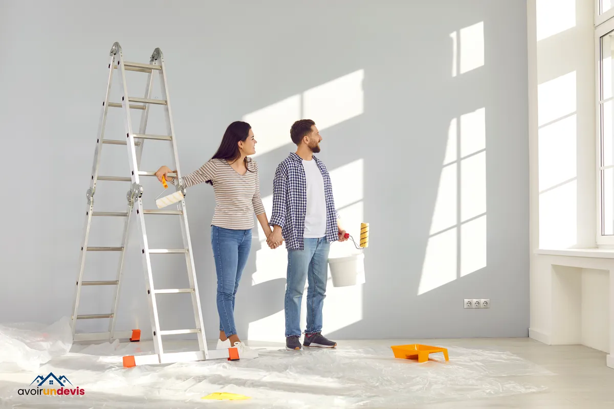 Un couple tient des outils de peinture tout en se tenant par la main dans une pièce lumineuse avec des murs à peindre, une échelle et des fournitures de peinture au sol.