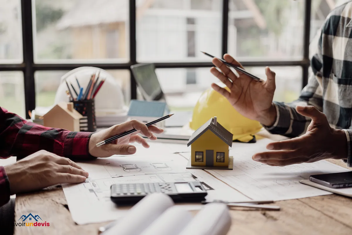 Deux personnes discutant de plans de construction autour d'une table, avec une maquette de maison, des plans, un casque de chantier jaune et une calculatrice.