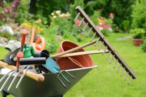 Une brouette remplie d'outil de jardin.